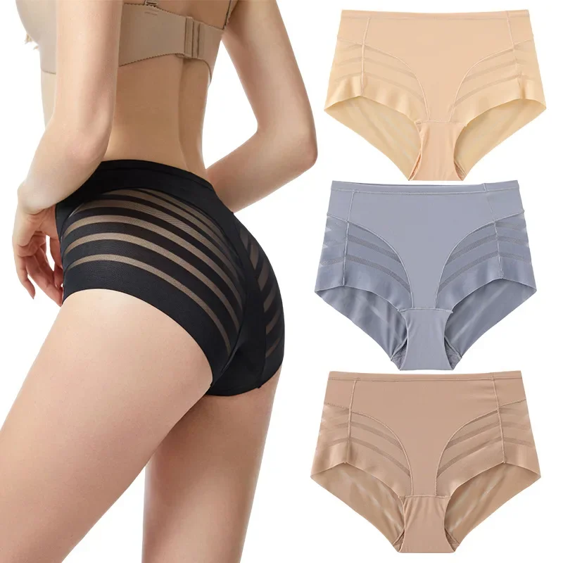 High Waist Briefs Women Seamless Panties Transparent Mesh High Elastic Tummy Control Shapewear Ice Silk Underwear Sexy Lingerie