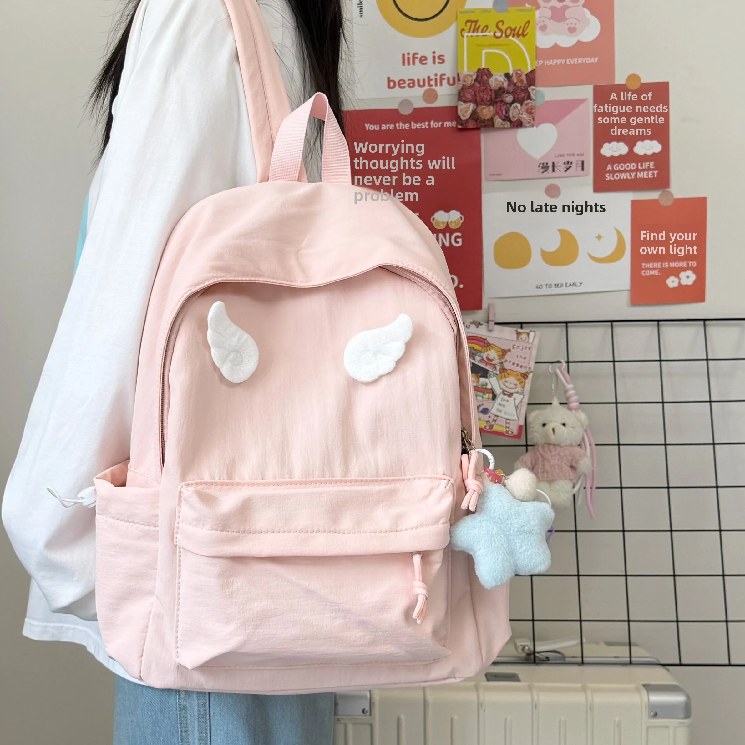 Angel Wing School Bag Lightweight Large Capacity Simple Match Girl Student Backpack Fashionable Polyester Fabric Daily Use