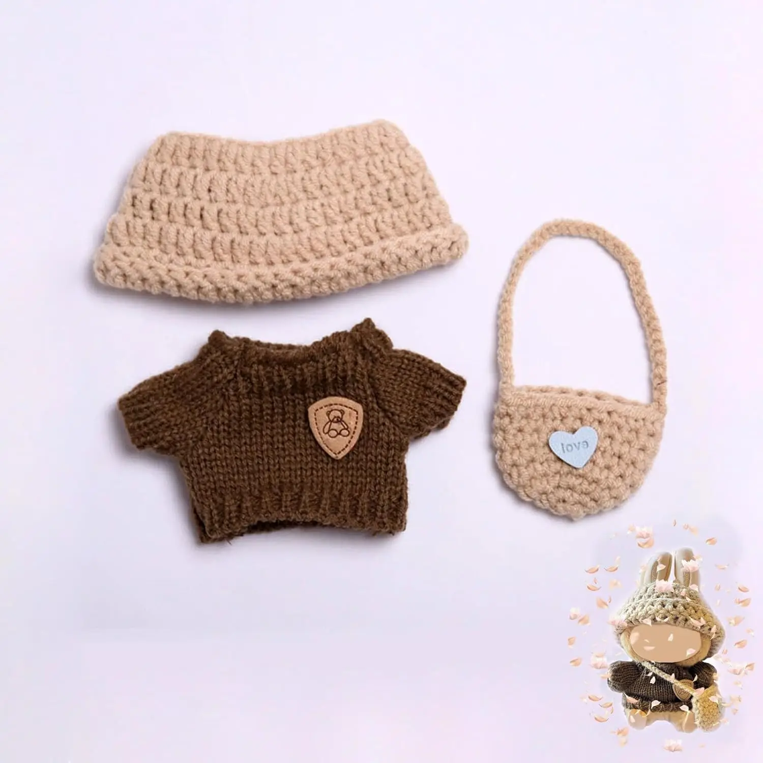 

Clothes for Labubu Doll 3 Pieces Clothing 17 cm Plush DIY Accessories for Labubu Sweater Grey Brown for Collectors, Children's G