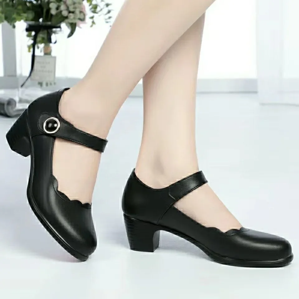 Women Casual Black Patent Leather Buckle Strap High Quality Shoes Lady Fashion Spring & Summer Red Comfort Heel Pumps A02