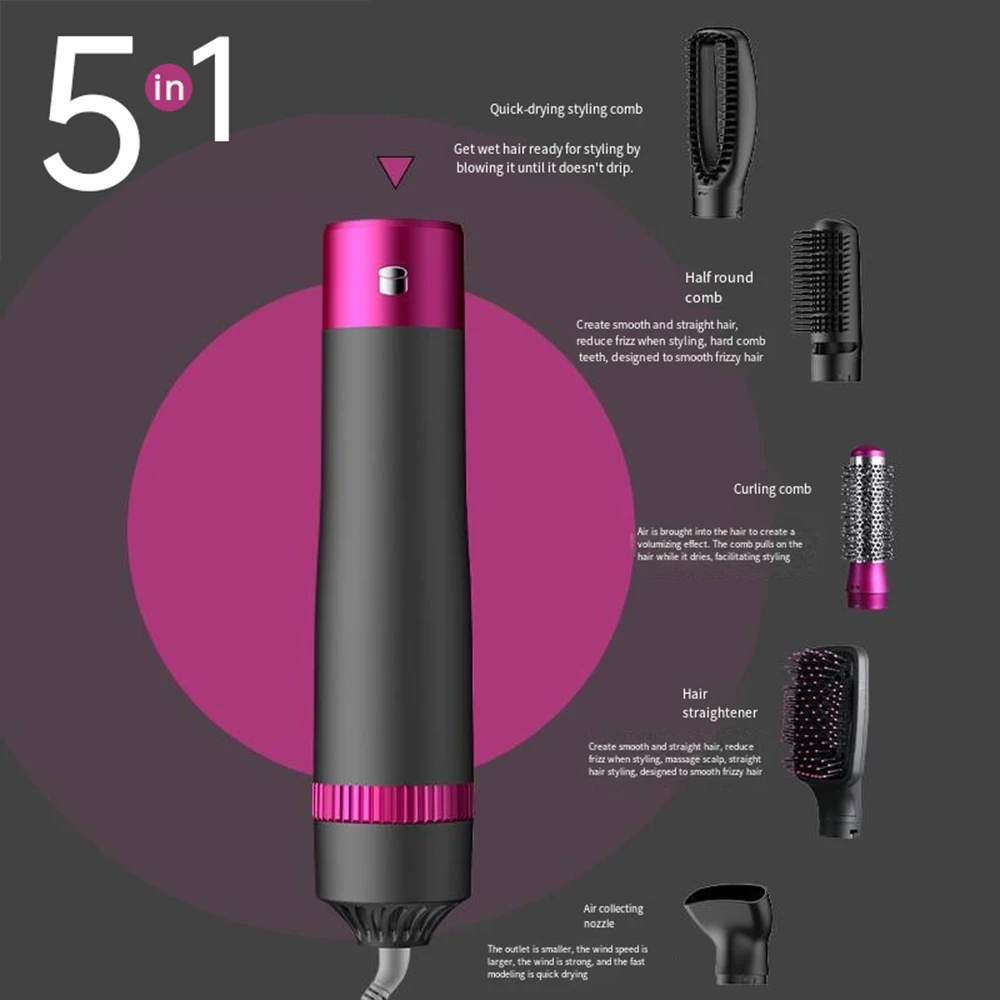 HOMEFISH 5 in 1 Hair Dryer Brush Hot Air Brush & Volumizer Styler Set with Interchangeable Brush Head Negative Ionic Blow Dryer