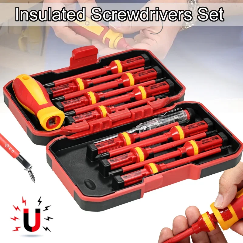 

13pcs 1000V Changeable Insulated Screwdrivers Set with Magnetic Slotted Phillips Pozidriv Torx Bits Electrician Repair Tools Kit