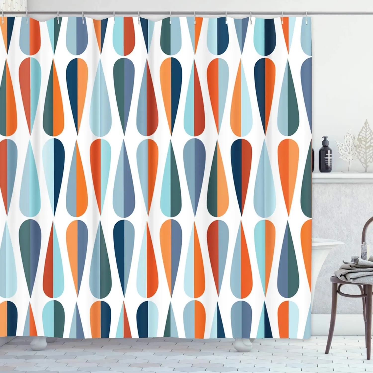 Shower Curtain Mid Century Modern Retro with Drop Shapes in Tones Abstract for All and Purposes Waterproof Polyester Fabric