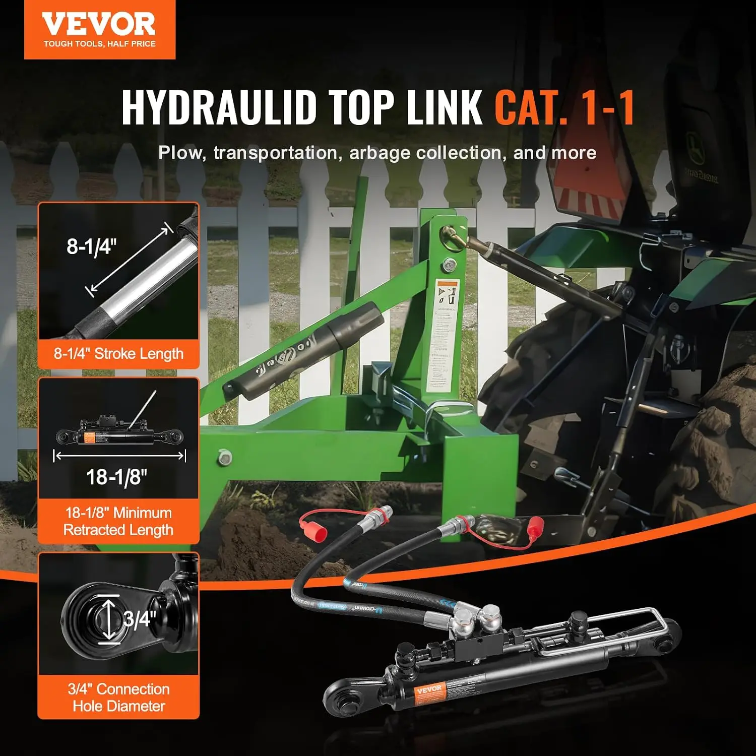 Hydraulic Top Link Cat.1-1 (8-1/4 in, 18-1/8~26-3/8 in), Hydraulic Cylinder with 2 Hoses & G3/8
