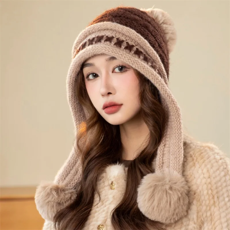 

Korean & Japanese cute pom-pom hat for autumn/winter. For students, large headcircumference, face slimming & ear protection.