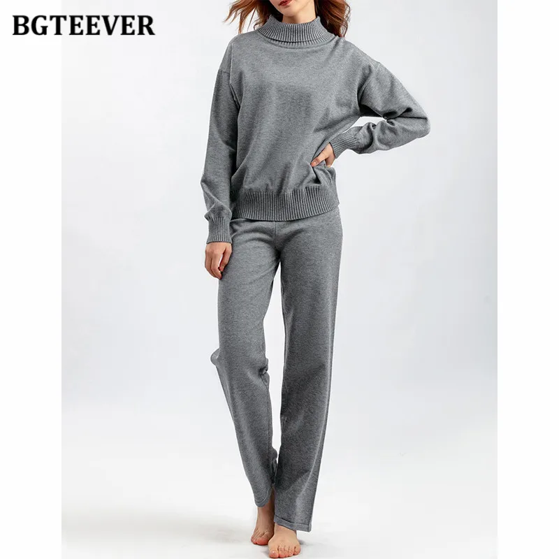 

BGTEEVER Autumn Winter Warm Sweater Set Women Long Sleeve Turtleneck Sweaters & Elastic Waist Straight Trousers Ladies Knitted S