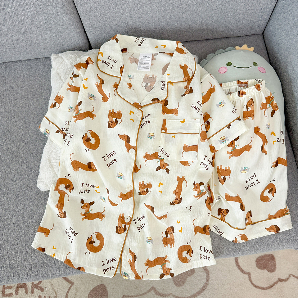  Summer Pajamas for Women, Thin Style with Puppy Pattern, Short-Sleeved Shorts, Sweet and Cute, Can Be Worn Outside in Summer, Home Wear Set, Two-Piece Set 