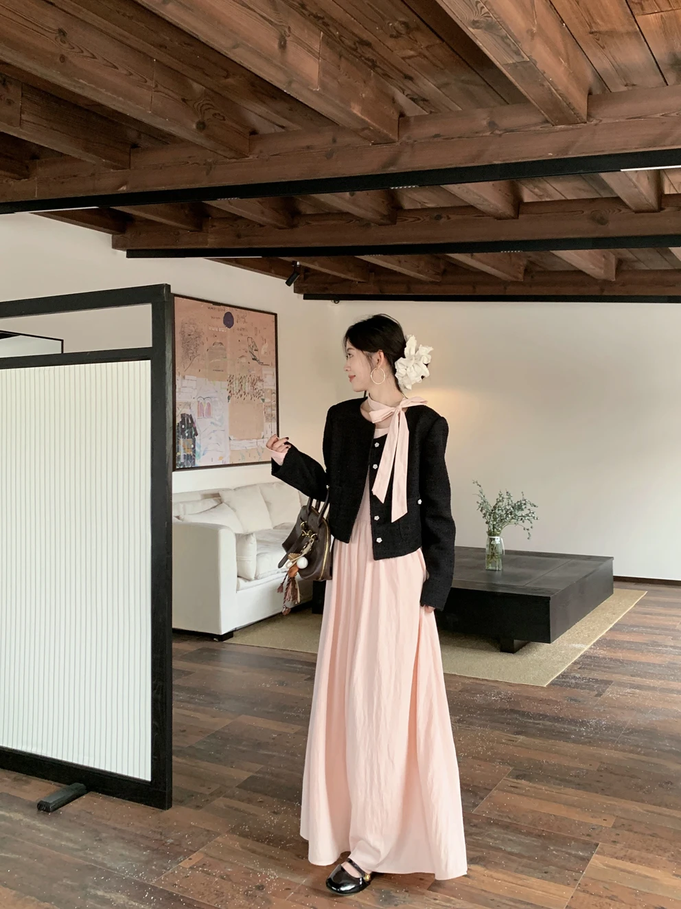 

Elegant Miss Rich Style Set Black Miniature Fragrance Wind Jacket Women's Spring Pink Long Sleeve Dress Gentle Two-Piece Set