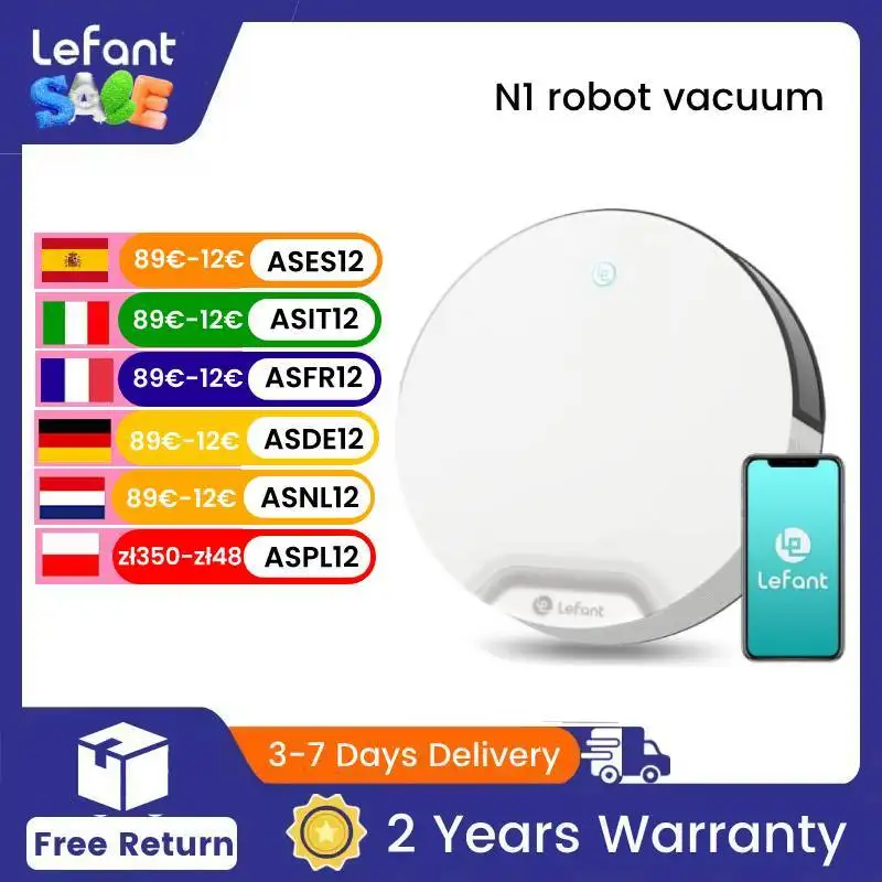 Lefant N1 Robot Vacuum Cleaner, Suction Power 4500PA, 4 Cleaning Modes, App Control, Up to 165 Minutes Autonomy