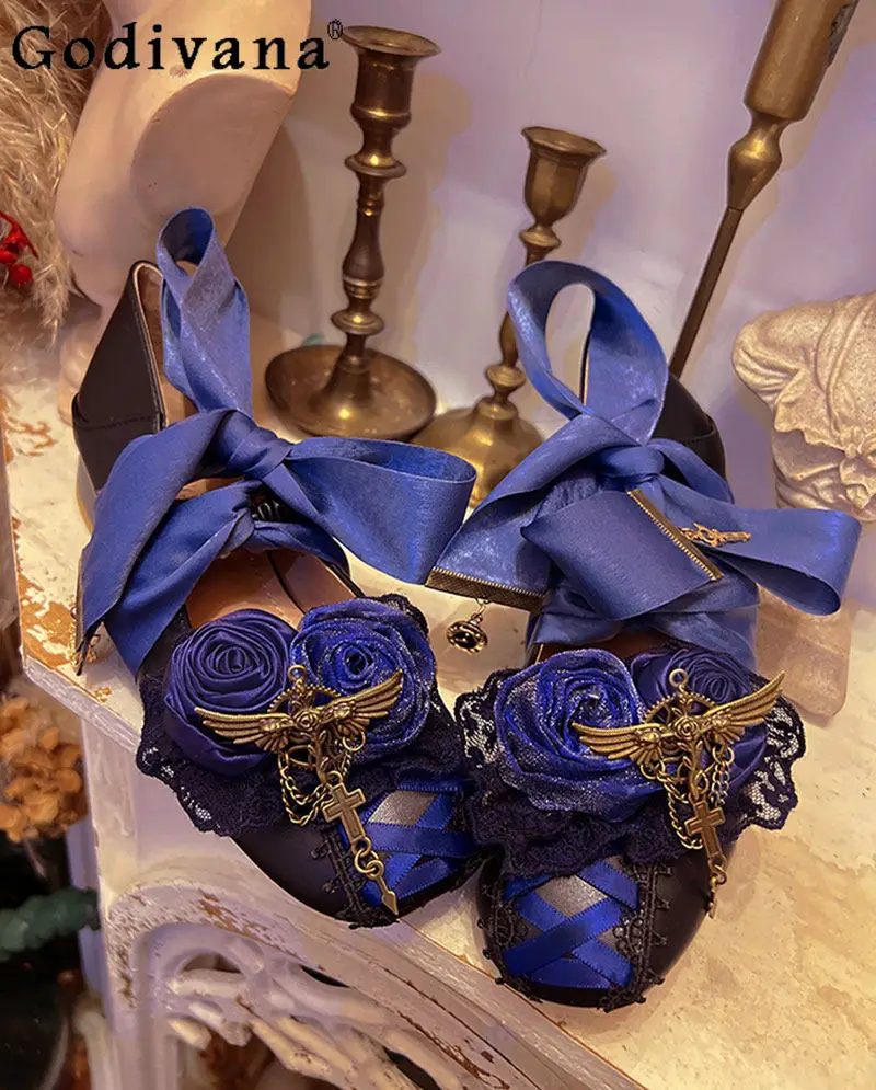 

Elegant Sweet Japanese Original Lolita High Heels Retro Round Head Thick Heel Lace Ribbon Shallow Mouth Women's Single Shoes