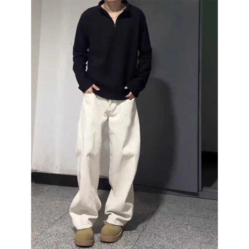 

Белые свободные мужские джинсы с широкими штанинами в американском стиле, повседневные, износостойкие, из смеси хлопка и полиэстера, прямого кроя, свободного силуэта