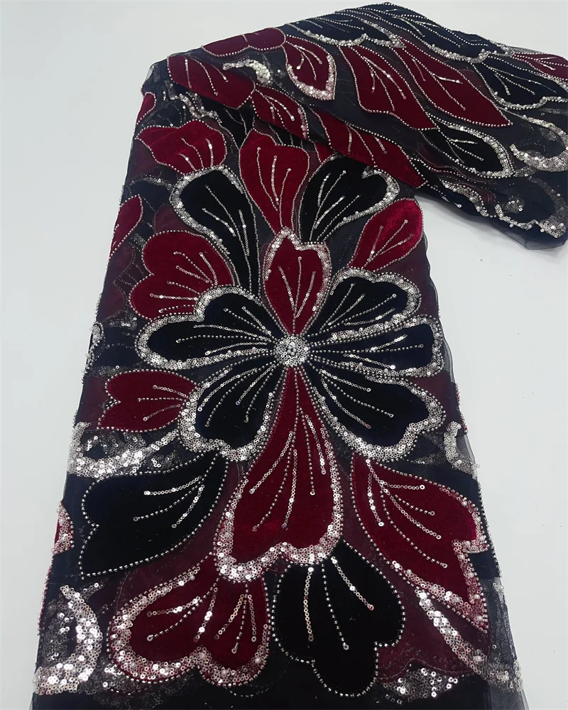 

French Style 2026 Nigerian Luxury Sequins Velvet Lace Fabric High Quality Beads African Lace for Women Wedding Party Dresses