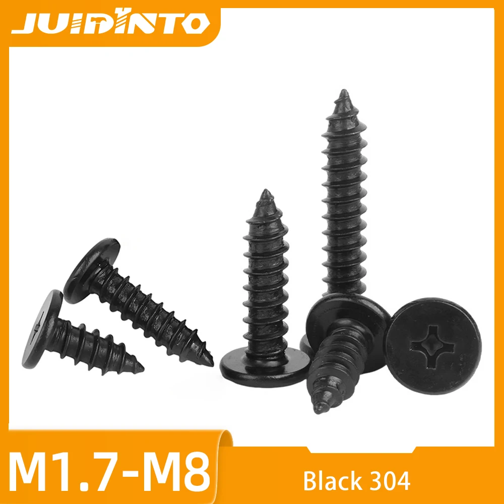 JUIDINTO 10-50pcs Black Stainless Steel Phillips Ultra Thin Flat Head Self Tapping Screw M1.4-M6 Cross Super Low Head Wood Screw