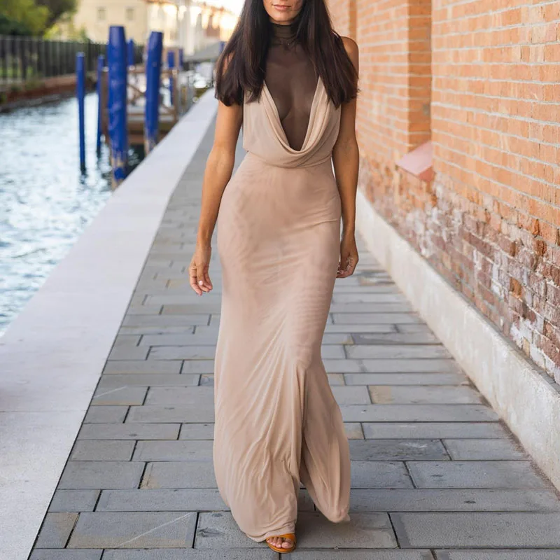 Abito da ballo sexy in rete impiombata con scollo a U increspato Primavera solido trasparente attraverso abito lungo sottile Abito estivo senza maniche con maxi abiti