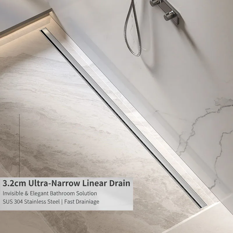 3.2cm Wide Shower Drain Extremely Narrow Linear Deodorant Floor Drain Sus304 Long Strip Minimalist Invisible Drainage 120cm