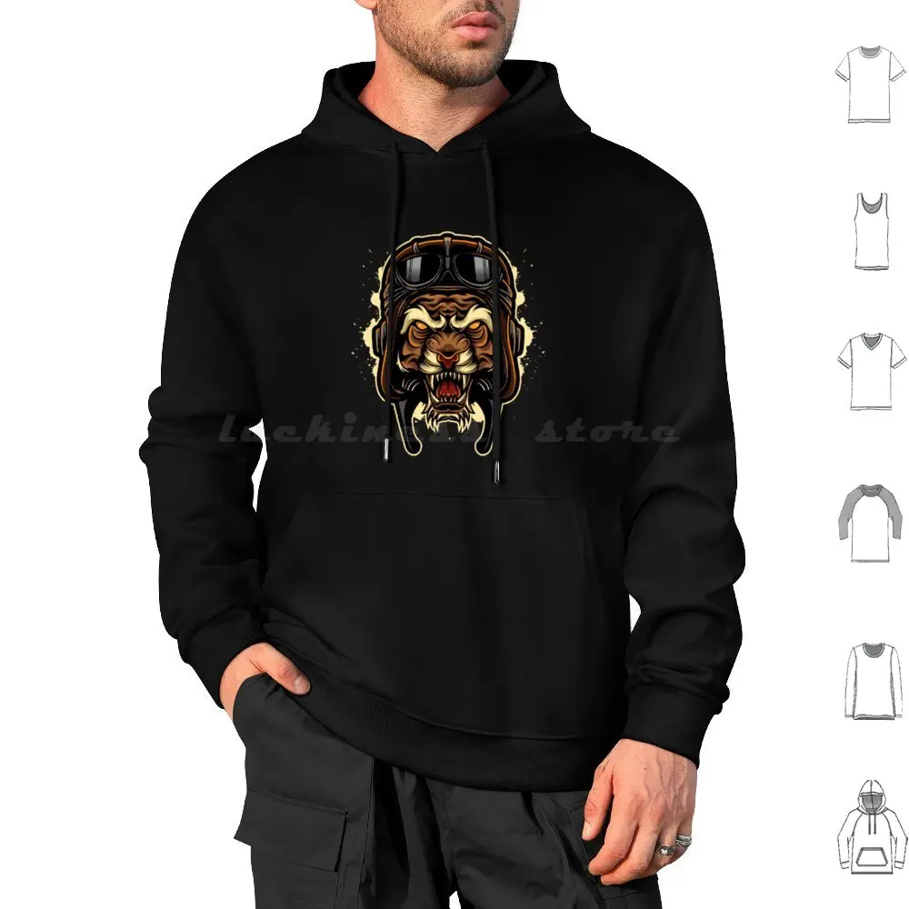 Angry Tiger With Pilot Hemlet Hoodie cotton Long Sleeve Cute Colorful Animals Rainbow Flowers Life Summer Trendy Retro Cool