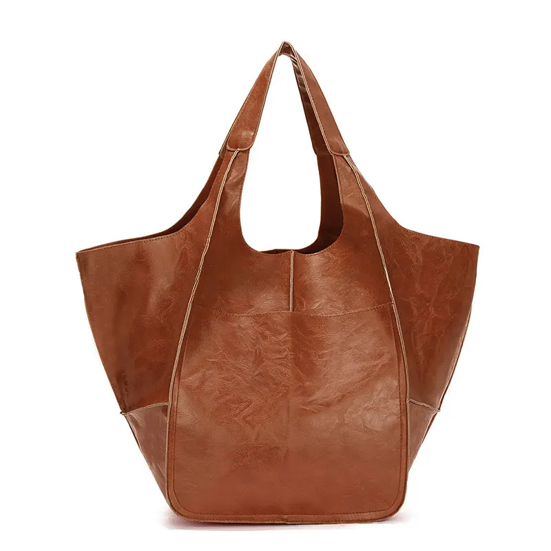 Fashion And Versatile Leather Bag PU Bag Soft Leather Casual Retro Simple Large Bag Large Capacity One Shoulder Hand Tote Bag