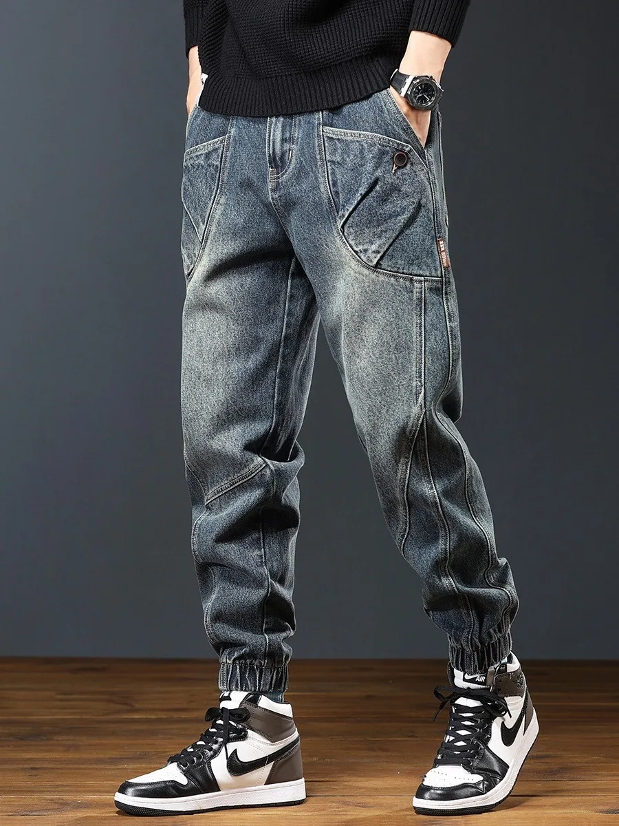 

Мужские повседневные джинсы-харланы: новая коллекция осень-зима, американский дизайн, свободный крой, с декоративными вставками, на шнурке и молнии, прямые.