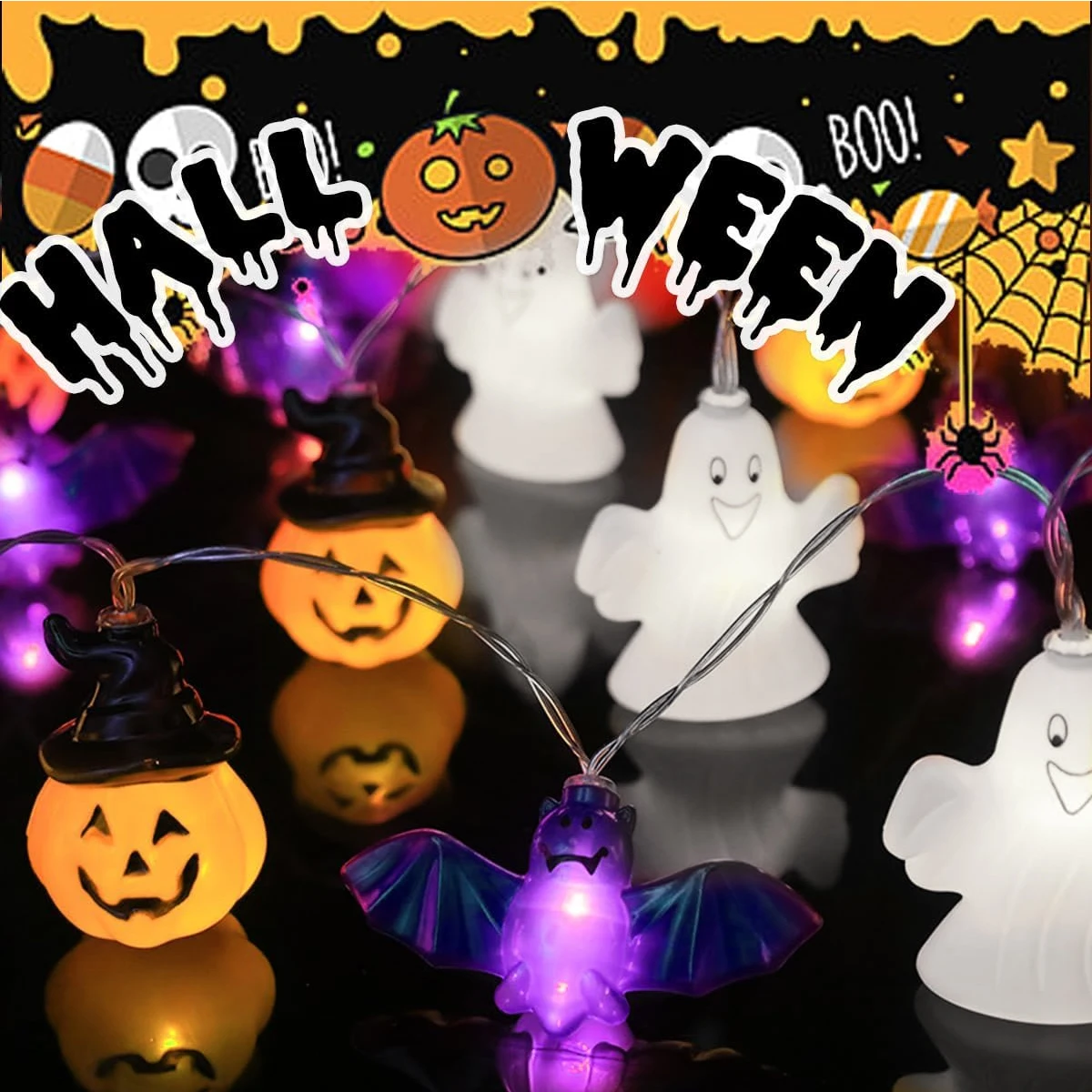 1pc LED Halloween Ghost Bat Pumpkin Decorative Scary Atmosphere String Light Battery Powered For Garden Bedroom Halloween Decor