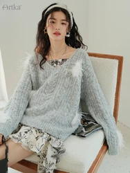 ARTKA 2022 Autumn New Women Sweater Fashion Loose Lazy Style Knitted Sweaters V-Neck Long Sleeve Feather Wool Knitwear YB92028Q