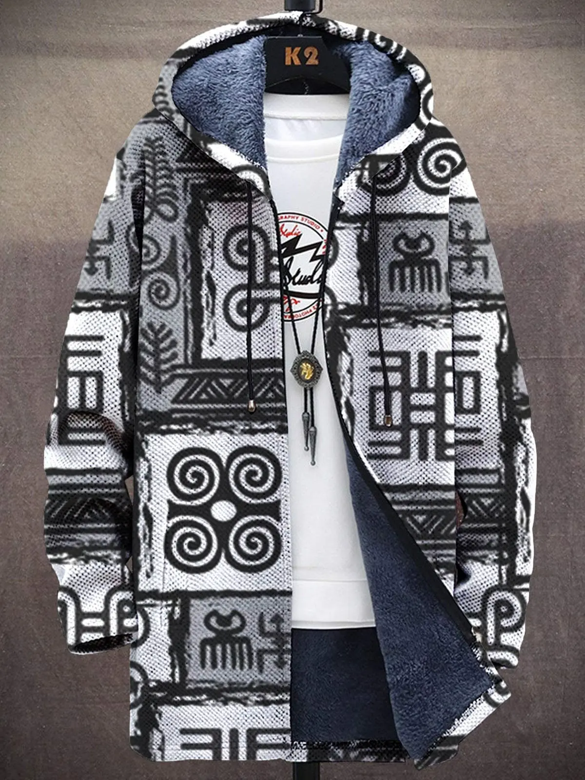 

Retro Pattern Print Unisex Plush Thick Long-Sleeved Sweater Cardigan Coat Hoodies Fleece Lined Zipper Coats