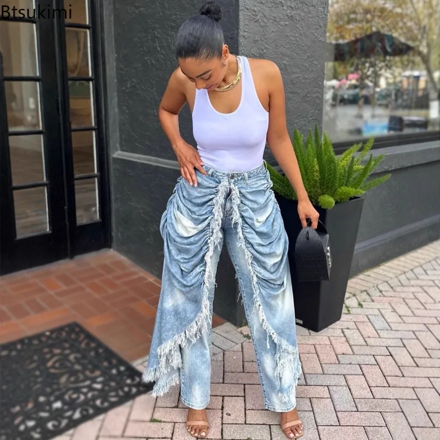 Women Blue Ruched Frayed Trim Denim Jeans Contrast Color Asymmetric High Street Vintage Casual Straight Pant Fashiona Streetwear