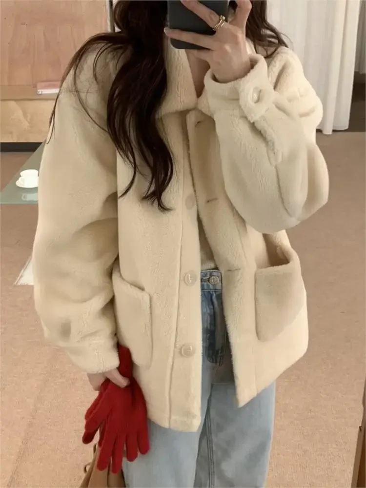 2024 Autumn Winter Furry Teddy Jackets Coats Women Korean Style Loose Long Sleeve Ladies Jackets Casual Fashion Woman Coats