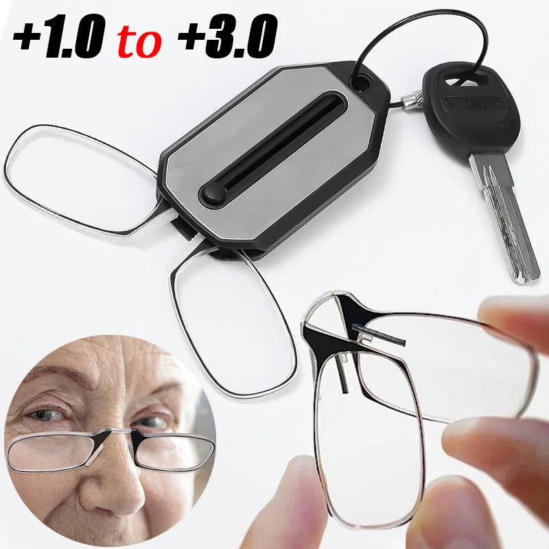 Nose Clip Reading Glasses Men Women Portable Hyperopia Glasses Transparent Eyeglasses Folding Glasses with Keychain +1.0 To +3.0