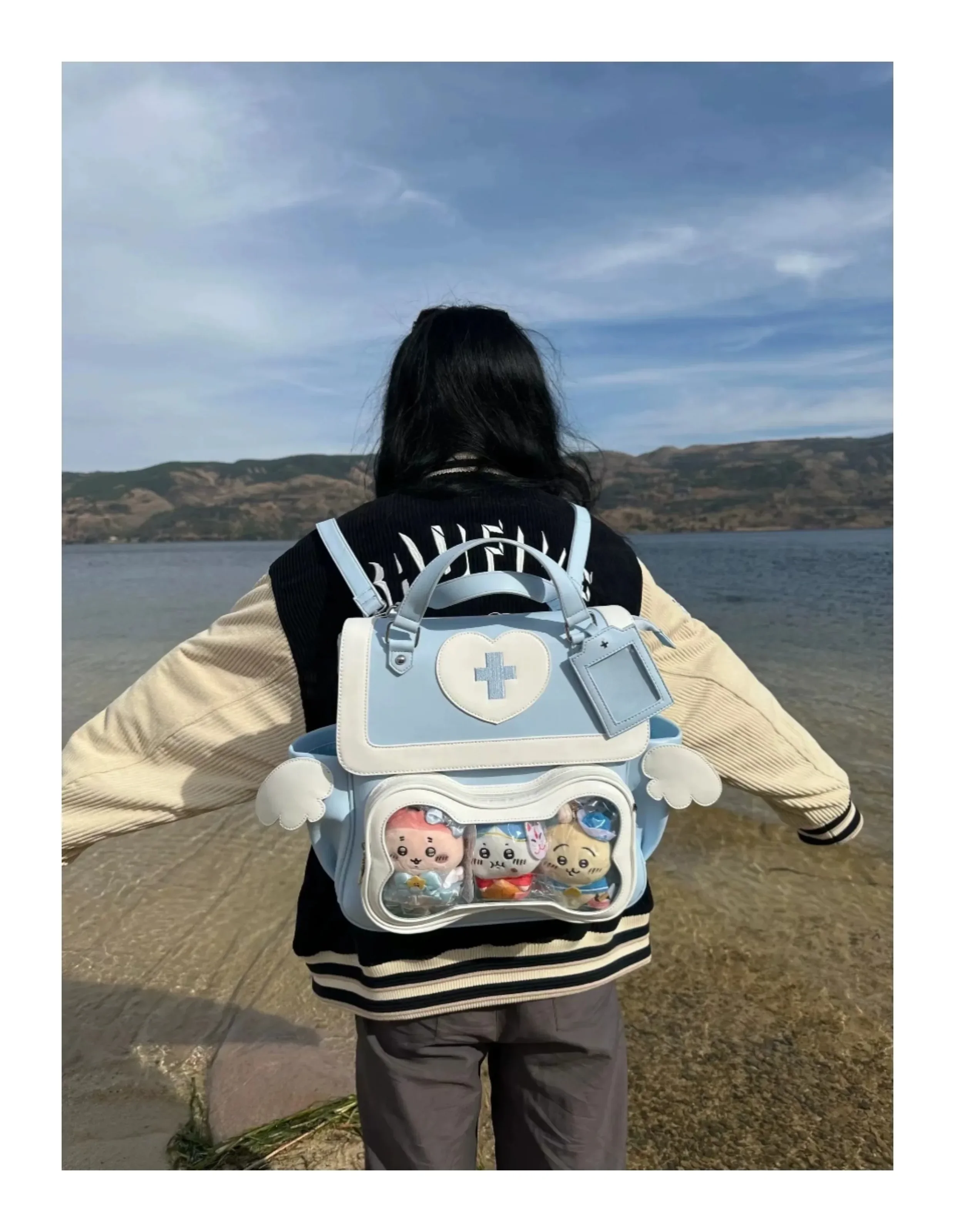 Japanese Style Two-Dimensional Sweet Cute Printed Backpacks Preppy Style Kawaii All-Match Square Bags for Women Fashion Blue Bag