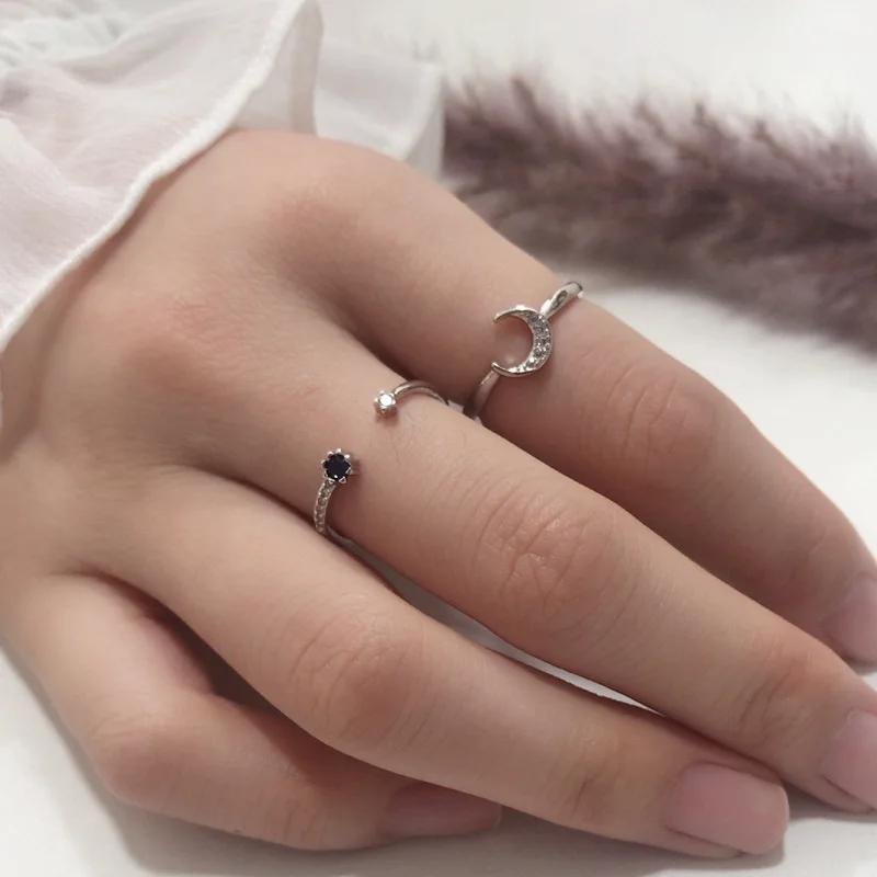 VENTFILLE 925 Sterling Silber Blau Stern und Mond Ring Weibliche Öffnen Koreanische Version Kreative Internet Celebrity Ring