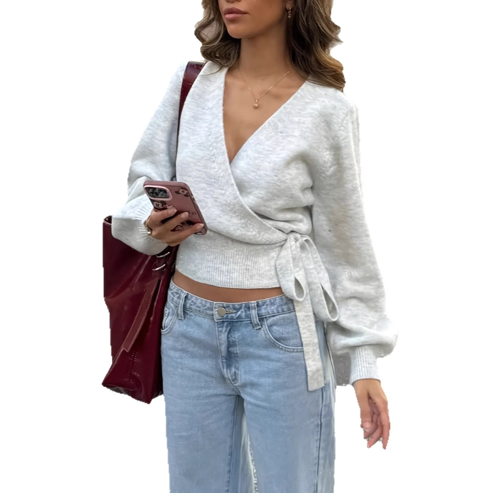 

2025 New Fashionable Knitted Strappy Shirt Women In Autumn Casual Loose Solid Color Irregular V-neck Cardigan For Women
