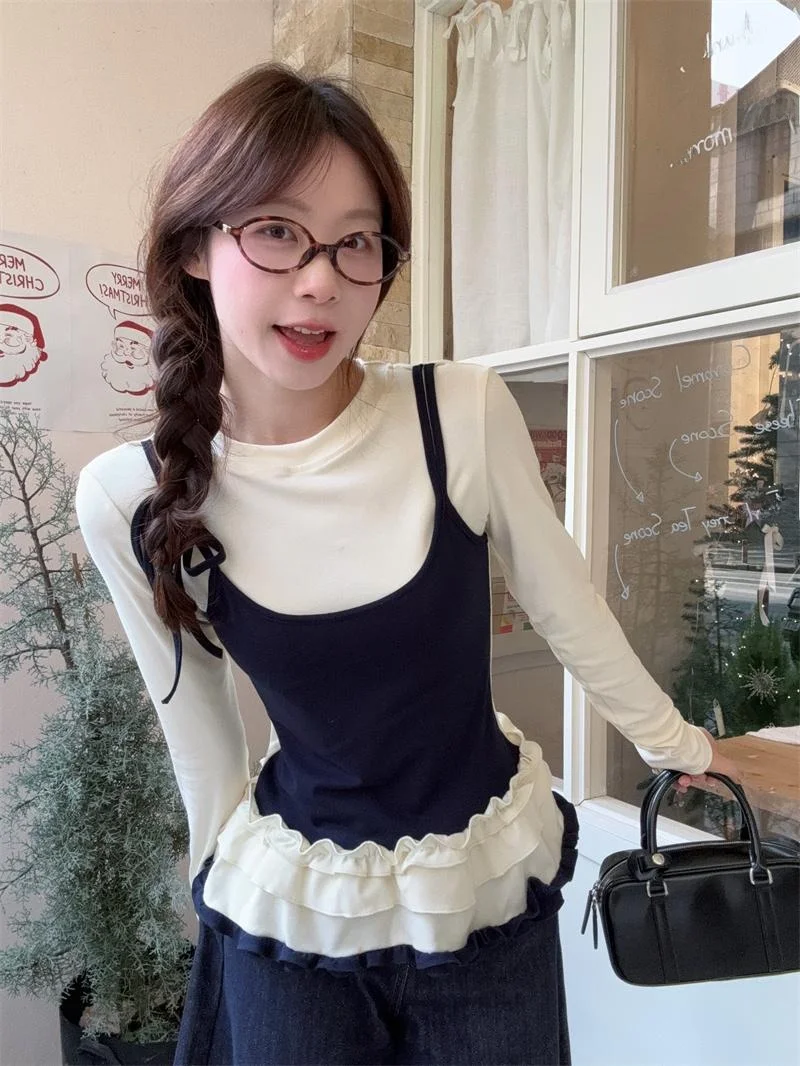 

Ele Lady Fake Two-Piece Long Sve Base T-irt Women's Autumn Winter Knot Tie Blouse Lace Hem Top