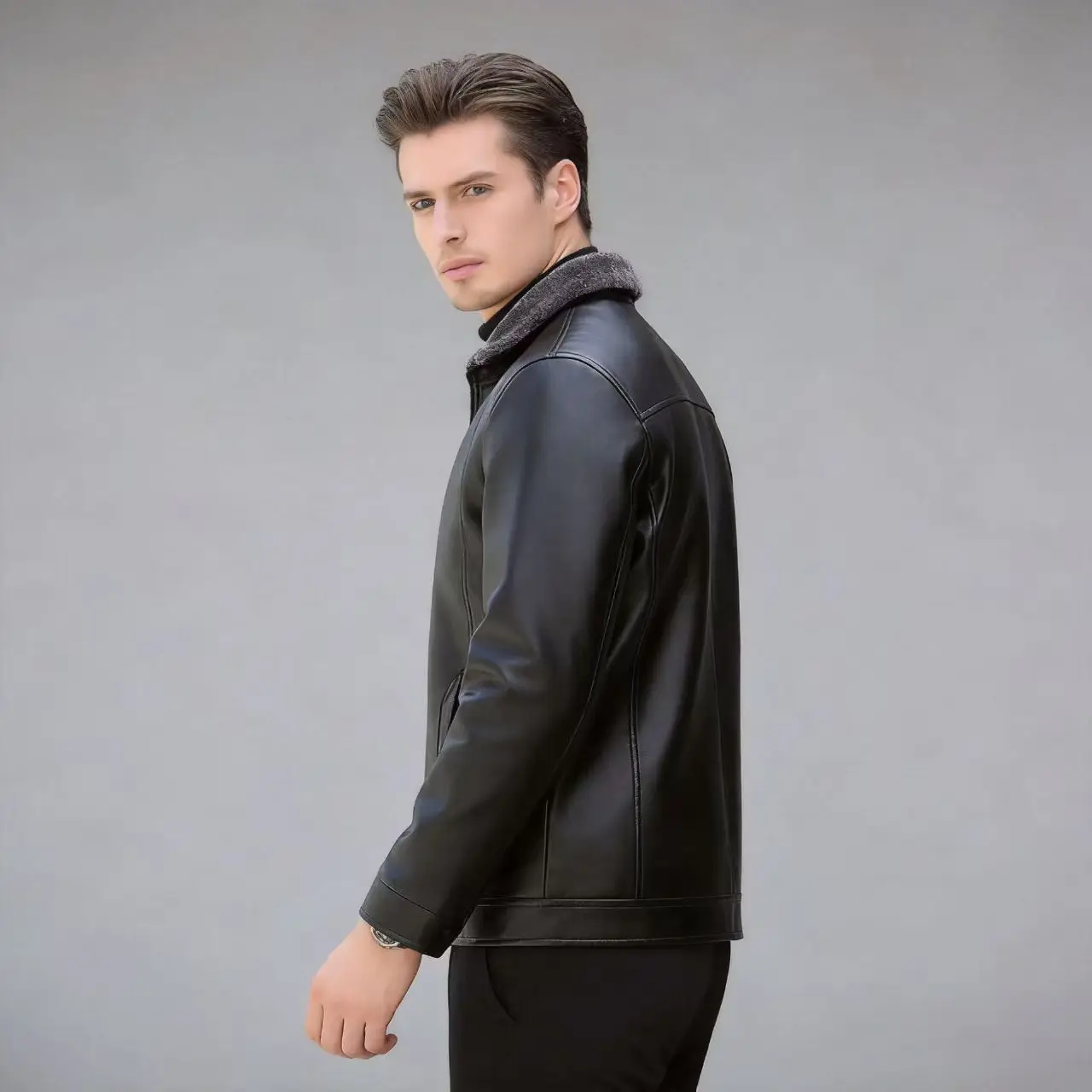 Herrenjacke PU-Lederjacke Mantel Freizeitkleidung Business-Wear Fleece-gefüttert Verdickt Warm Herbst-Winter-Stil – Detail 5