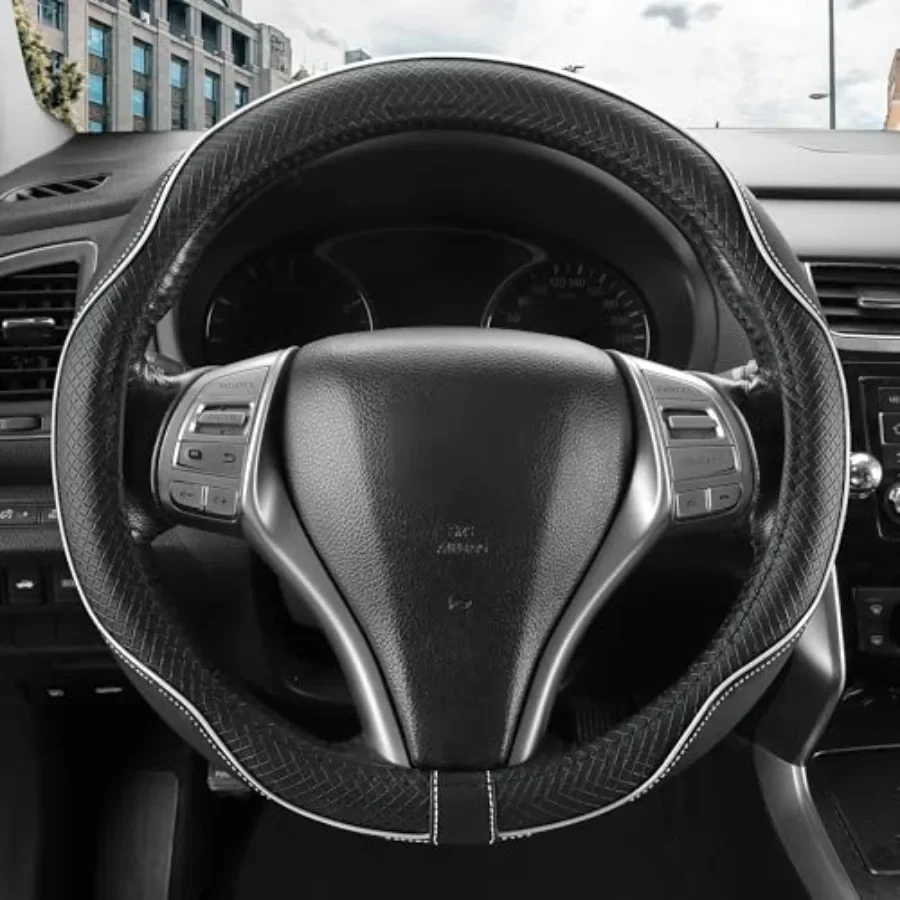 

Leather Car Steering Wheel Cover, Anti-Slip, Safety, Soft, Breathable, Heavy Duty, Thick, Full Surround, Sports Style, Universa