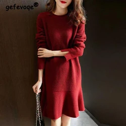 2024 New Year Women Clothing Trendy Ruffles Simple Casual Elegant Knitted Dresses Female Solid Long Sleeve Chic Loose Midi Dress
