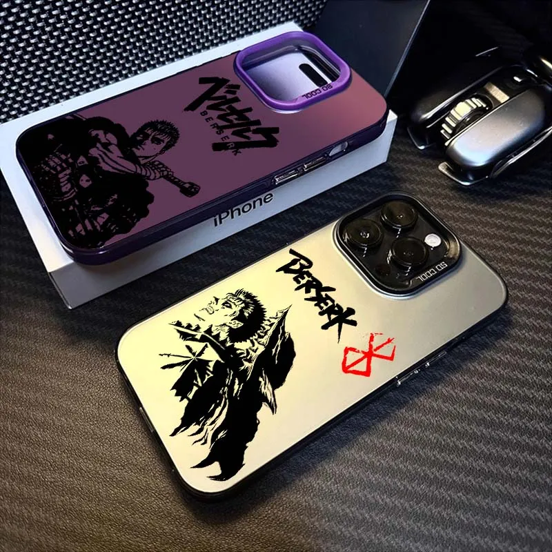 Berserk Catroon أنيمي لابل آيفون 16 15 14 13 12 11 XS X Pro Max Plus غطاء فضي ملون جراب هاتف