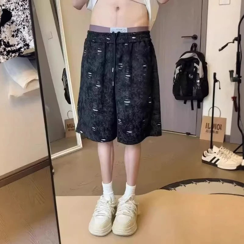 American Casual Heavyweight Sweatpants for Men Baggy Straight Vintage Wash 5 Points Sweatpants Patchwork Jogging Beach Shorts