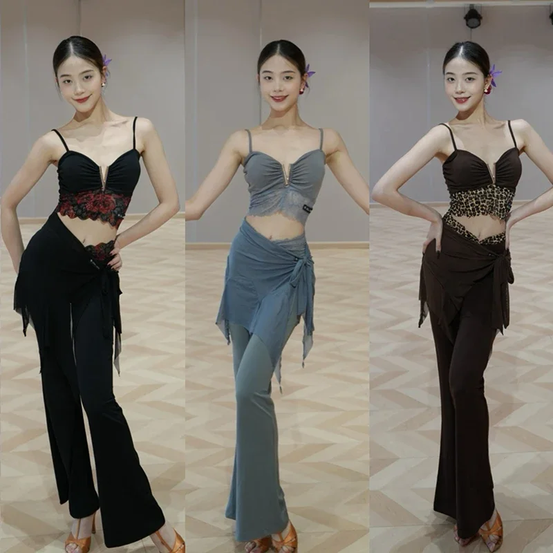 

Brown Latin Dance Pants Set Women Black Sling Top Flare Pants Adult Dancer Training Clothes Adult Rumba Tango Practice Wear
