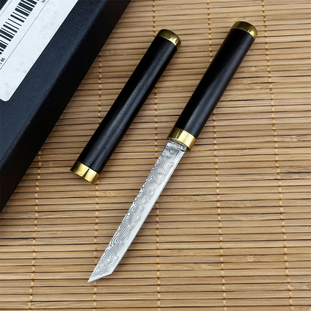 

High Quality Outdoor Camping Pocket Knife Damascus Steel Blade Ebony Handle for Camping Adventure Wild Jungle Survival