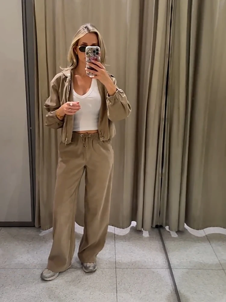 Trendy Hooded Zip Up Two Piece Outfit Set Cropped Top Drawstring Elastic Waist Wide Leg Pants Women Casual Daily Street Wear New