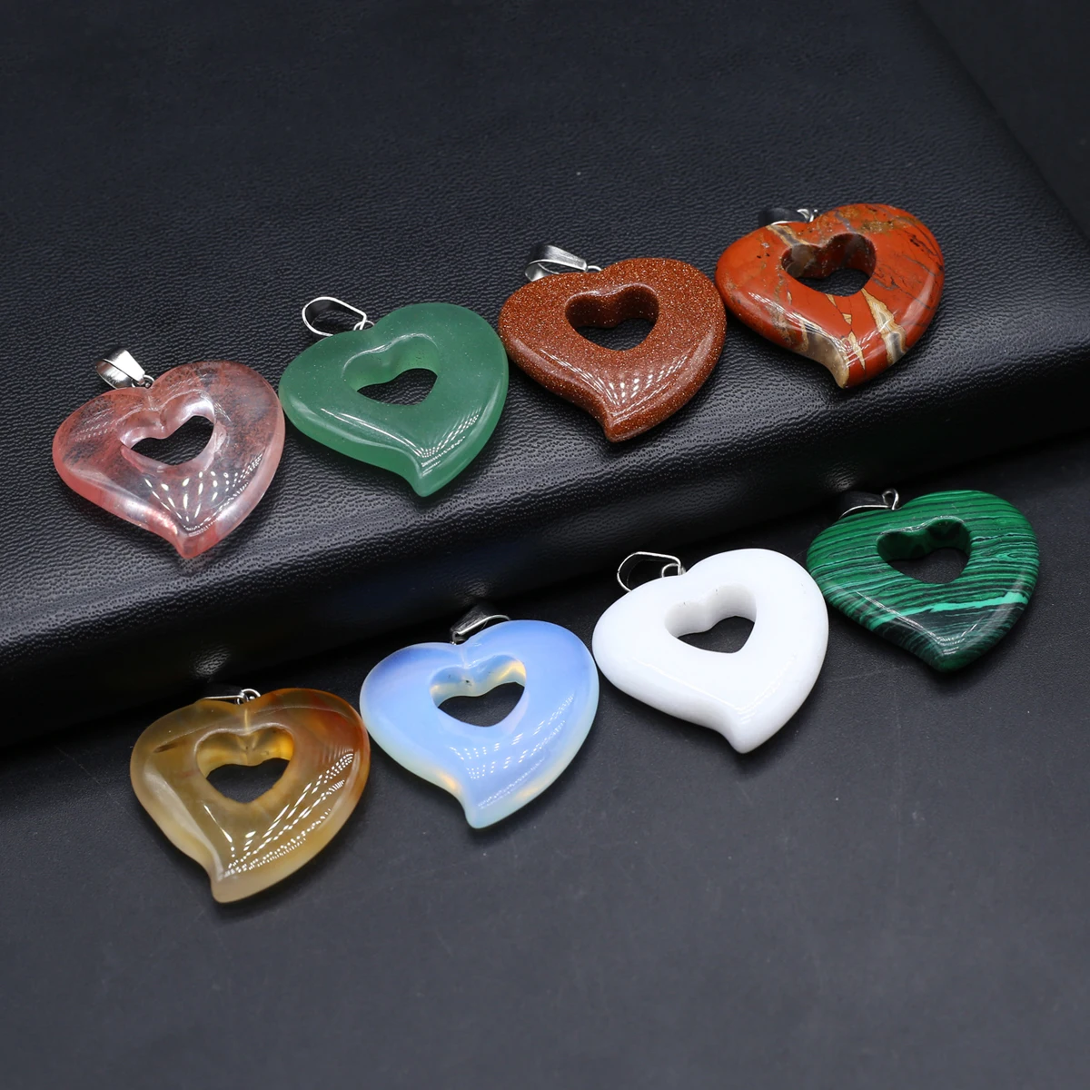 10PCS Wholesale Natural Semiprecious Stone Heart Hollow out Pendant Sweet Jewelry Accessories DIY Necklace Earrings Gift
