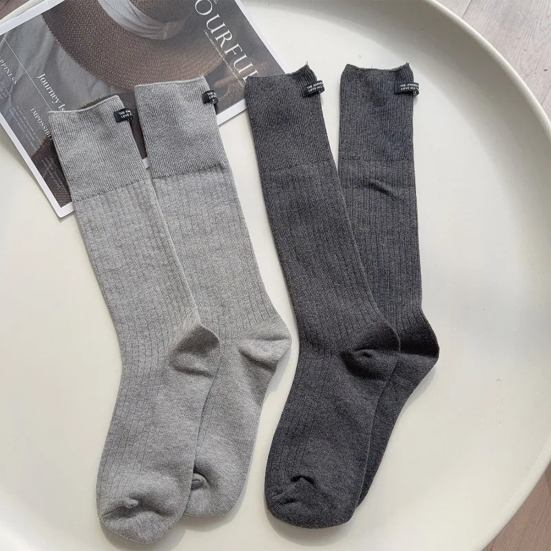Fashion Woman Black Lable English Letters Striped Calf Socks Autumn Winter Cotton High Tube Soft Solid Color Maillard Socks