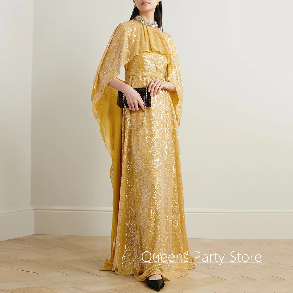 

Fashion Evening Dress Customized High Neck Crystal Pearls Sweep Train A Line Sequined Prom Gown with Cape Robe De Soiree