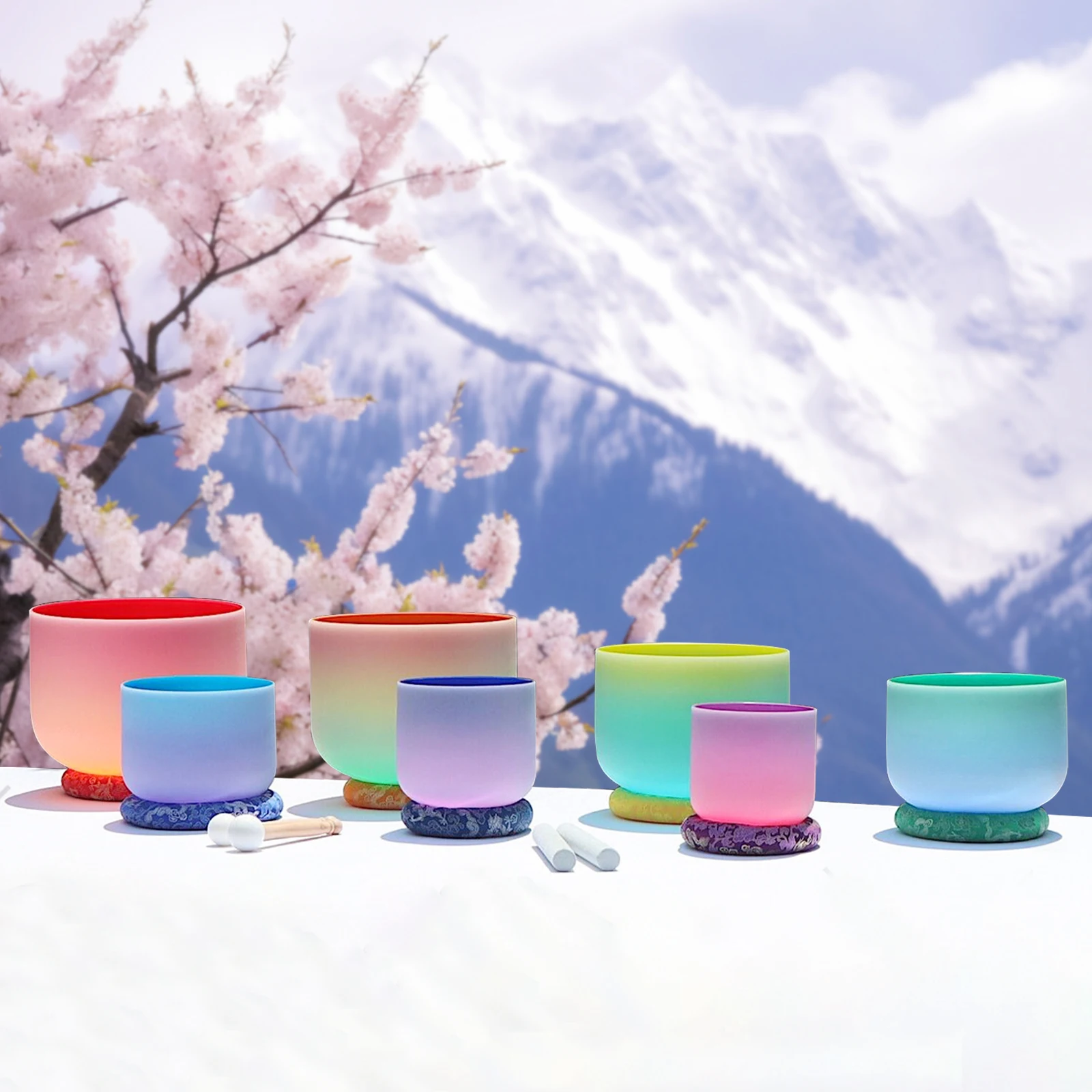 Hye-eun 6-12 Inch Crystal Singing Bowl Set 7pcs Chakra Color Quartz Sound Bowls with Carring Case and Suede Sticks Mallet