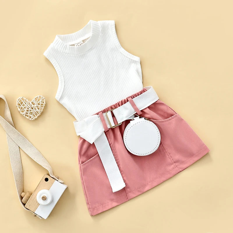 Kids Girl Summer Skirt Outfit Solid Color Sleeveless Tank Tops + Casual Pocket Mini Skirt + Waist Pack 3pcs Set Fashion Clothing