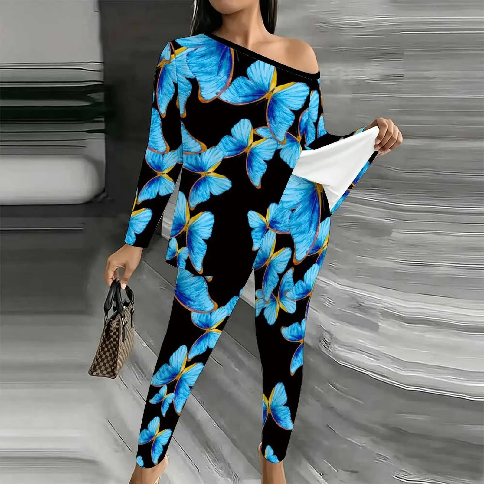 Women's Fashion Printed Jogging Pants Off Shoulder T-shirt Autumn Winter Diagonal Collar Long Sleeved Elegant Two-piece Set