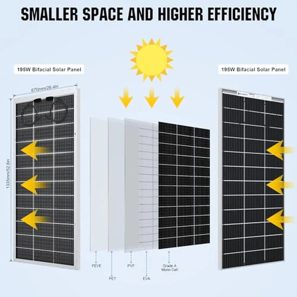 Imagem -04 - Painel Solar Bifacial Monocristalino Frente e Verso Kit de Módulo Fotovoltaico de Alta Eficiência 195w 12v