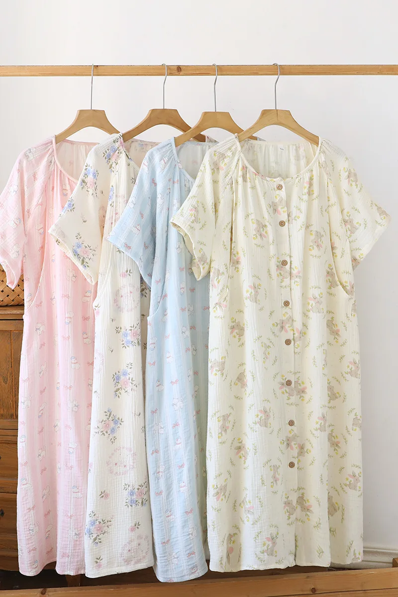 2025 New Summer Women's Short sleeved Sleeping Skirt 100% Cotton Gauze Long Skirt Thin Cute Girl Dress Home Clothes Ladies - view 3
