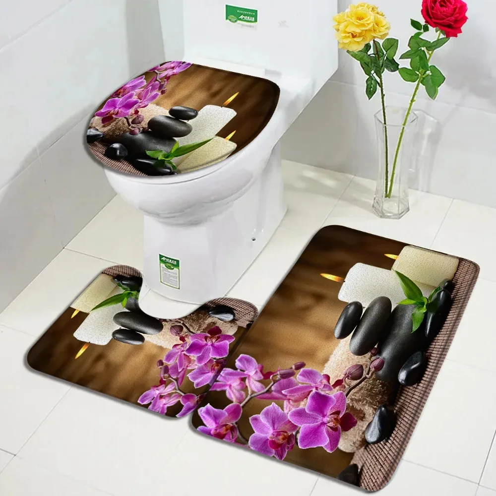 Green Bamboo Zen Bath Mats Set Orchid Lotus Massage Stone Asian Spa Door Pad Modern Bathroom Decor Non-slip Rug Toilet Cover Mat