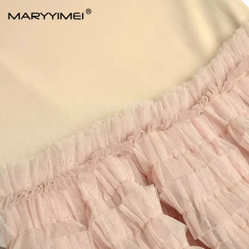 MARYYIMEI 夏の女性の夜会服ドレス スラッシュネック 長袖 メッシュスプライシング ティアードフリル ビッグスイングパーティードレス